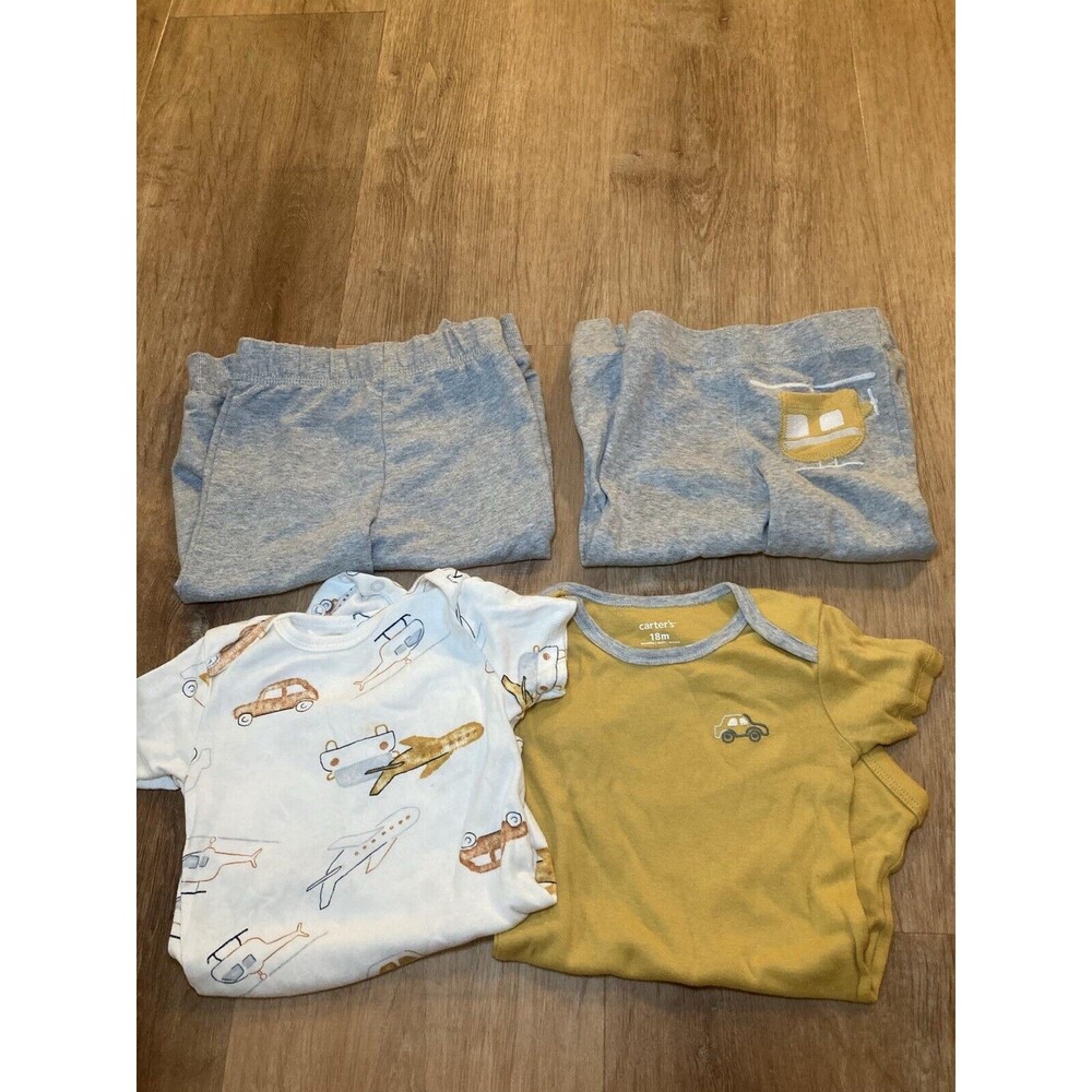 Lot Of 4 Carter's Boys Bodysuits Tops & Pants 18M Yellow Gray Cars Cotton
